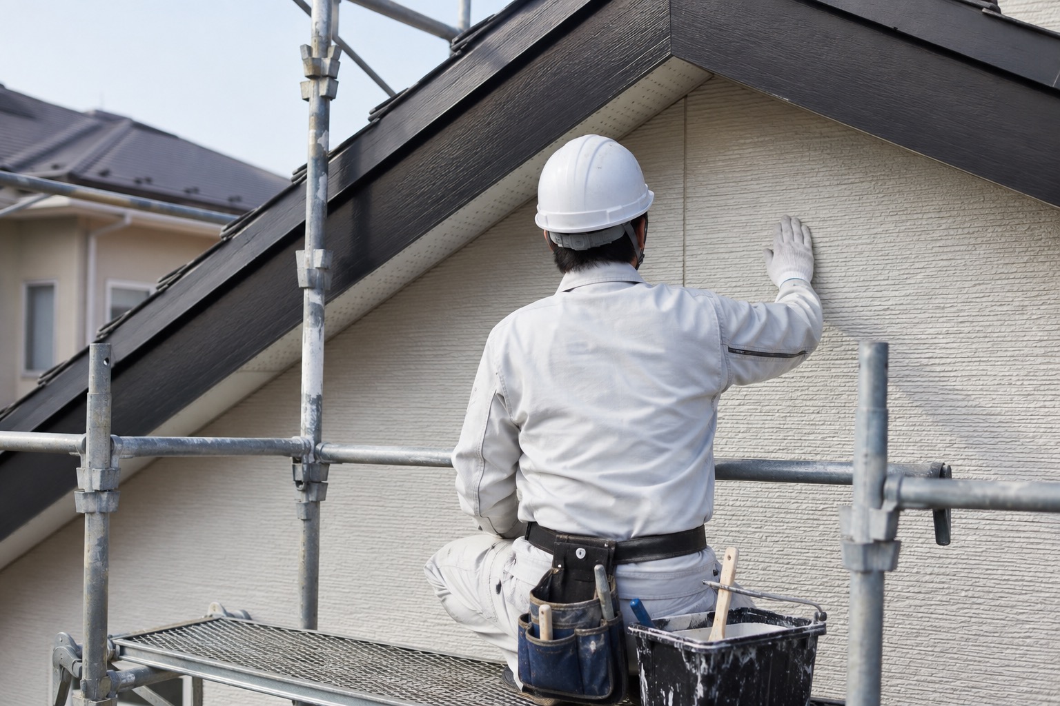 足場から住宅の外壁と屋根を点検する作業員