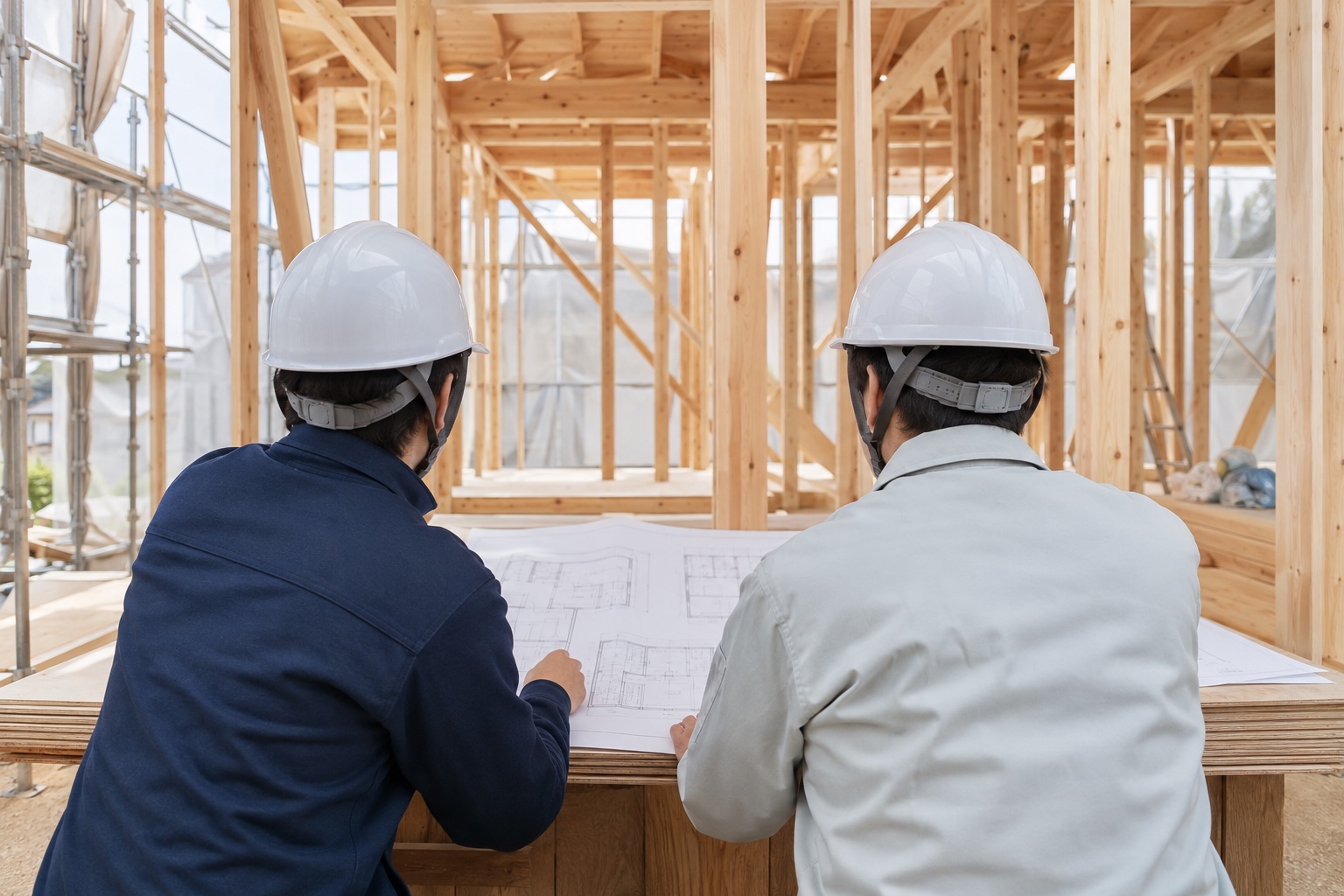木造建築現場で図面を広げる打ち合わせ
